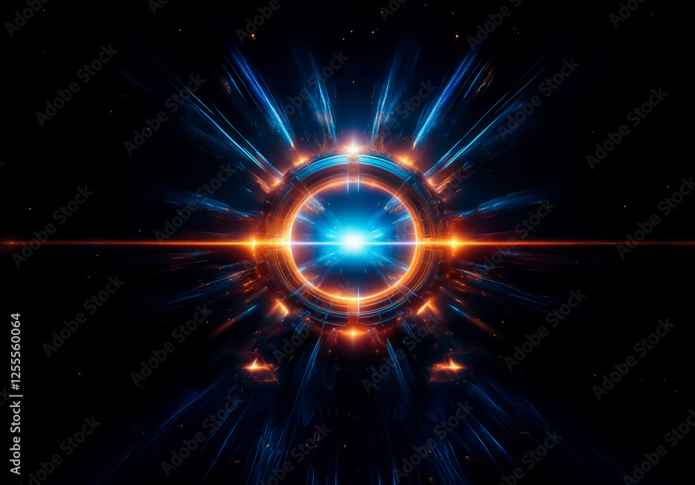 Fototapete a vibrant cosmic energy core pulsates with radiating light. blue and orange rays burst outwards from