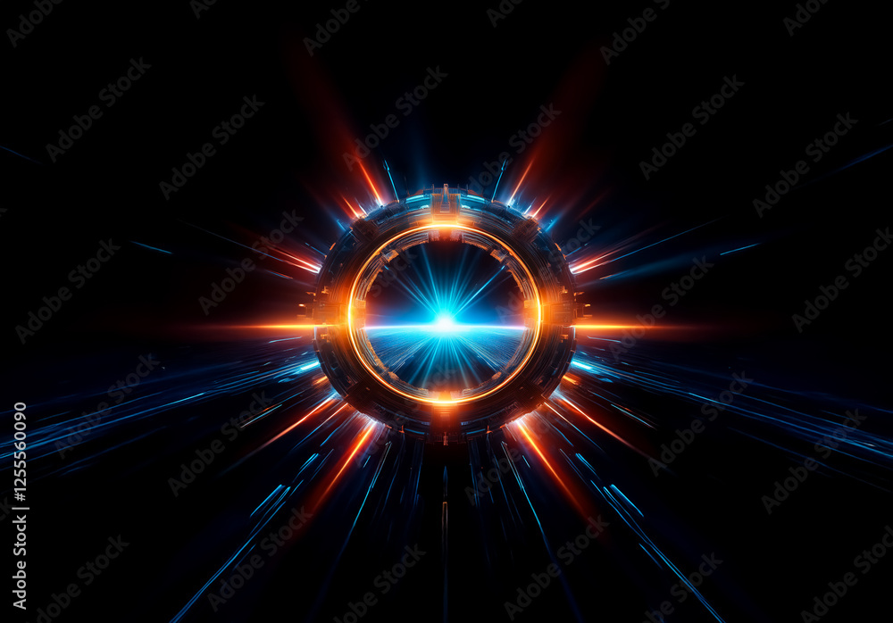 Aufkleber A vibrant abstract design featuring a glowing circular object with radiating light rays.  The image has a futuristic and energetic feel with contrasting blue and orange colors against a dark backdrop.