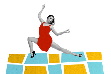 Contemporary art banner collage of serious sexy woman wear red short dress do twine dancehall club...