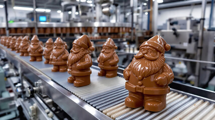 Conveyor Belt Transporting Chocolate Santa Claus Figures in Advanced Manufacturing Plant