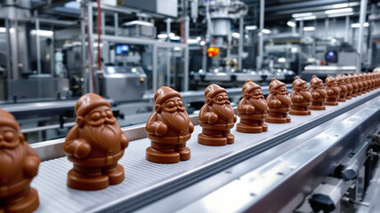 Obraz premium High-Tech Chocolate Production Featuring Santa Claus Figures on Automated Conveyor System