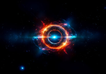 Obraz premium Vivid cosmic artwork displays a black hole with a bright, swirling accretion disk. Orange and blue energy emanates against the deep blackness of space.