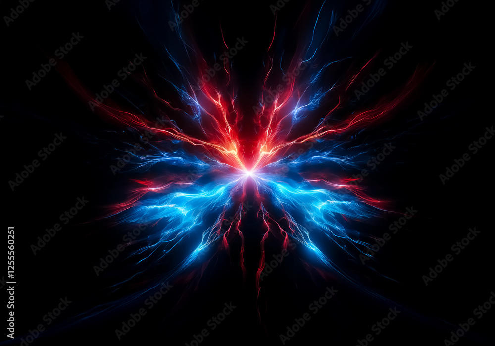 Aufkleber Abstract design with vivid red and blue light streaks emanating from a central point on a dark backdrop, resembling energy bursts in a symmetrical pattern.