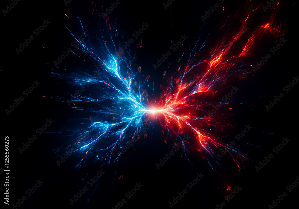 Aufkleber Dynamic display of opposing forces, red and blue energy streams colliding and exploding against a stark black background.
