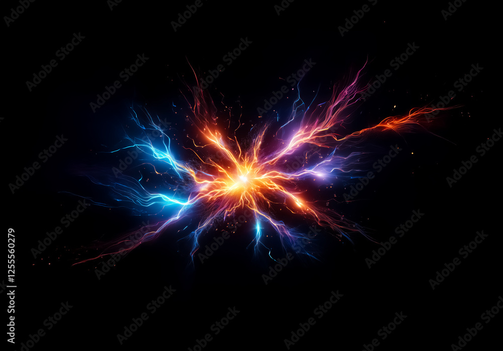 Aufkleber A vibrant burst of energy explodes outwards on a dark backdrop.  Electric streaks of blue and orange emanate from a bright central point, creating a dynamic and powerful display of light and motion.