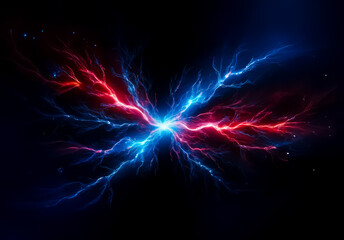 Fototapeta premium Vivid red and blue lightning strikes collide against a dark backdrop, creating a dynamic display of energy and power. Electric currents branch out in a dramatic and abstract composition.