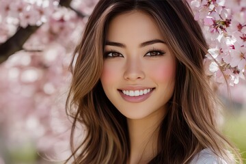 Naklejka premium A beautiful Japanese woman with long hair wearing white and pink in the park under cherry blossoms