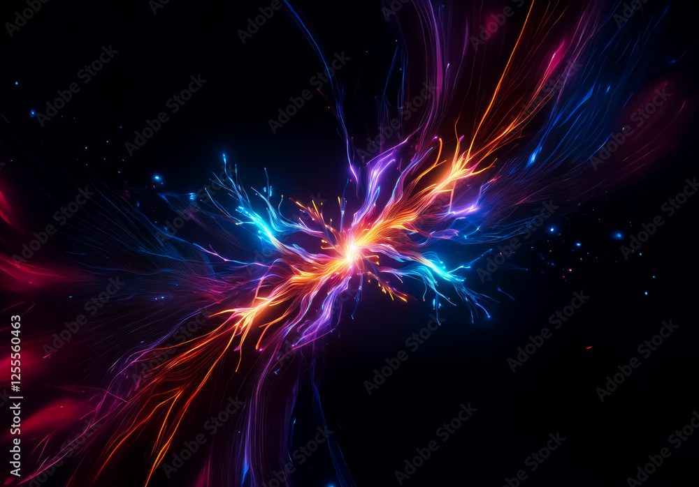 Poster abstract vibrant energy bursts forth with dynamic flowing lines in vivid hues of orange, blue, purpl