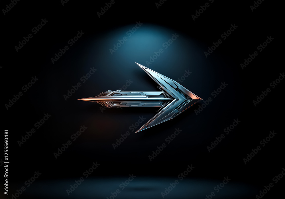 Aufkleber a sleek, metallic arrow with a futuristic design points right, illuminated by a spotlight against a 