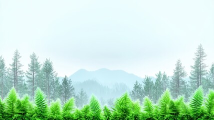 Fototapeta premium Serene forest landscape with lush ferns and misty mountains in the background