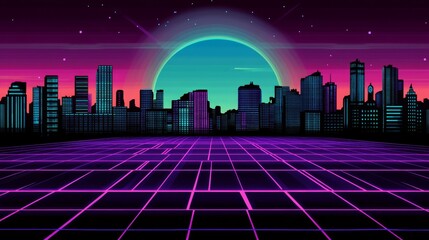 Captivating synthwave cityscape  neon futuristic architecture and dynamic retro street scene