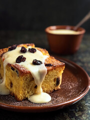 A slice of bread pudding topped with creamy vanilla sauce and raisins on a brown plate, with a bowl of extra sauce in the background. Perfect dessert for a cozy homemade treat.