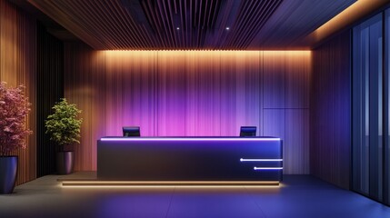 Cutting-edge reception area with a floating digital counter, biometric access, and smart lighting