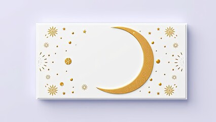 Celestial Crescent Moon Design Gold Ornate Moon Stars and Fireworks on White Background