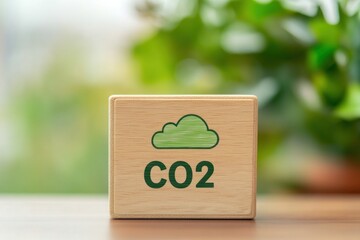 Wooden block with CO2 and cloud icon.