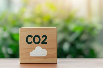 Wooden block with CO2 and cloud symbol on a table.