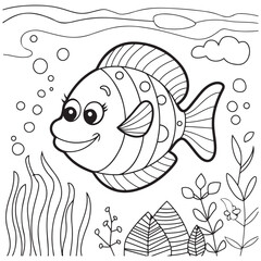Coloring page outline of cartoon smiling fish. Colorful vector illustration, summer coloring book for kids.