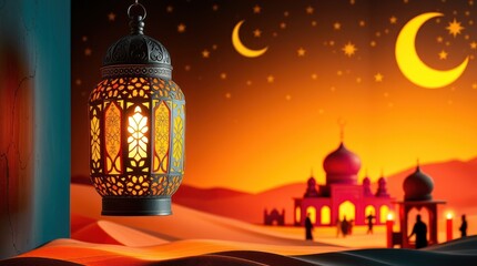 Fototapeta premium Glowing Ramadan Lantern Desert Scene Night Sky