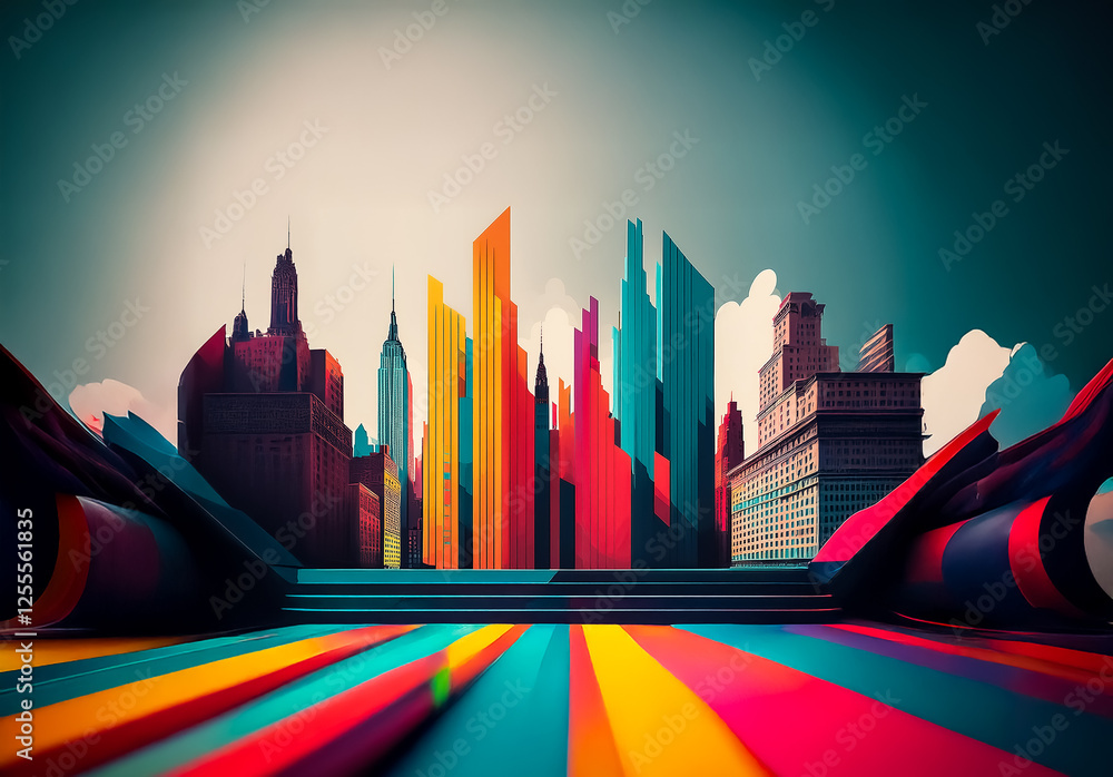 Fototapete a vibrant and colorful abstract cityscape with dynamic lines and shapes. the scene presents a stage-