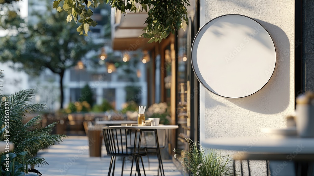 Poster a modern, round signboard with a simple white backdrop, mounted in front of a chic cafe with a cozy 