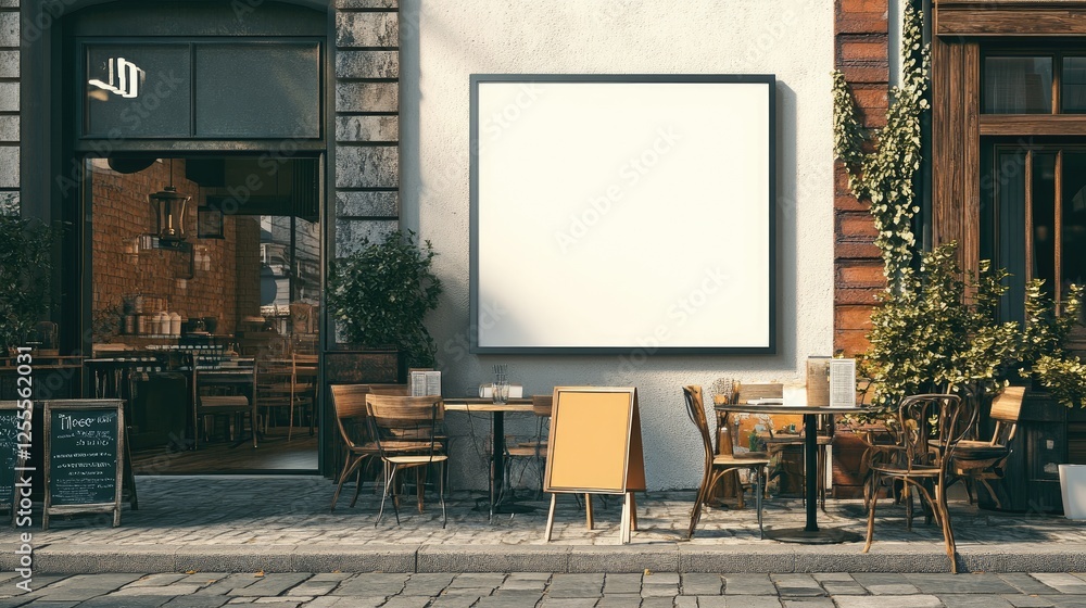 Poster a modern, round signboard with a simple white backdrop, mounted in front of a chic cafe with a cozy 