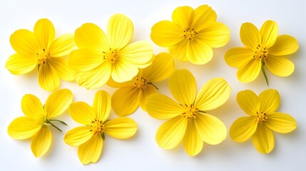 Obraz premium Bunch of delicate yellow flowers scattered on a soft white background creating a serene floral arrangement