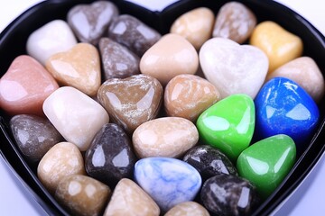 Heart-shaped colorful stones in black heart-shaped container