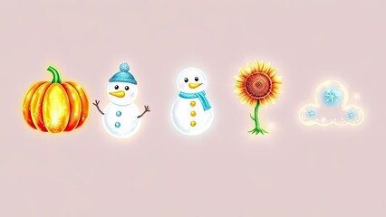 Obraz premium Festive Autumn Winter Icons Pumpkin Snowmen Sunflower Snowflakes Seasonal Design Elements
