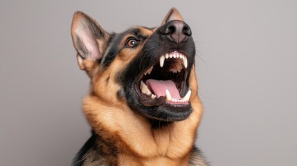 Alert german shepherd with open mouth showcasing teeth and ears against gray background