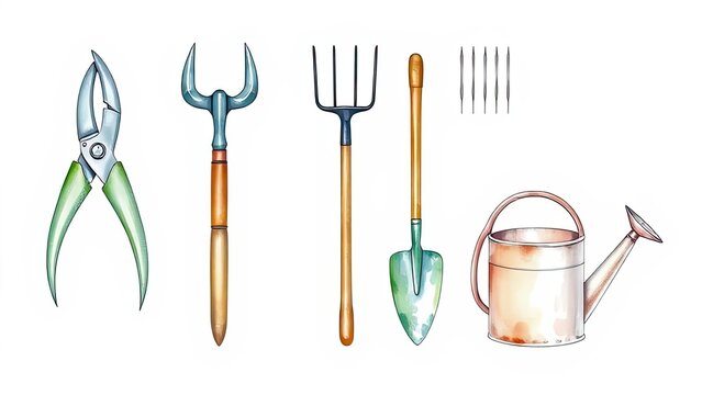 Watercolor Gardening Tools Trowel Fork Pruners Dibbler Watering Can