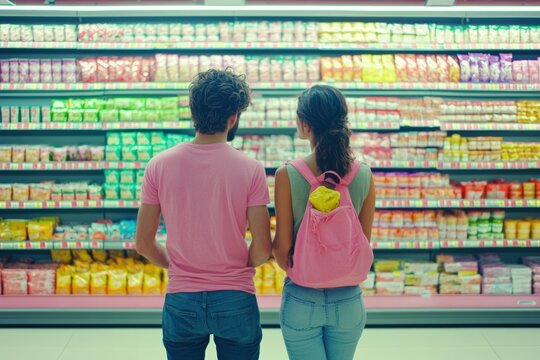 Young adult caucasian couple shopping in colorful grocery aisle with backpack