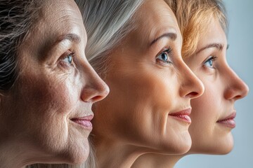Diverse age progression of caucasian females in profile view