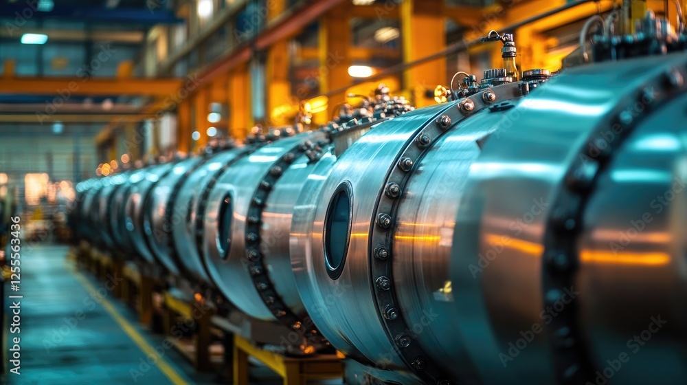 Poster a neat row of large industrial compressed gas tanks in a factory, under bright lights, showcasing th