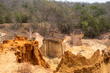 Stunning rock formations at Phae Mueang Phi Forest Park in Phrae, Thailand. A unique geological...