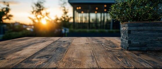 Rustic Wooden Table at Sunset with Blurred Modern Building Background