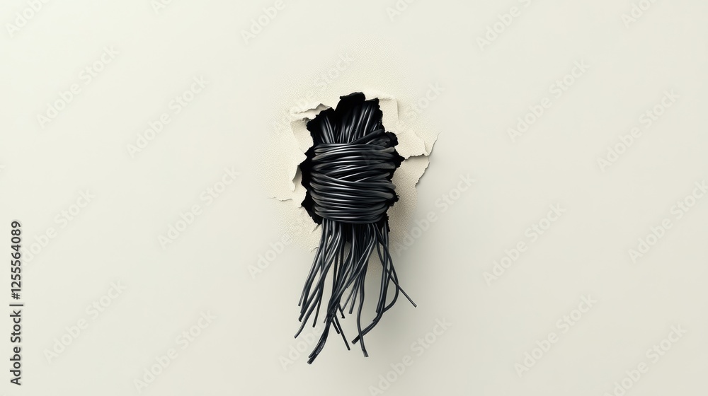 Poster a neatly insulated bundle of wires with black electrical tape, running through a hole in a wall, cap