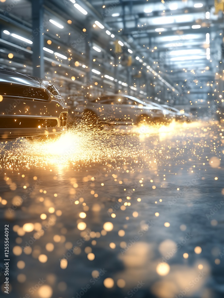 Poster a spark-filled scene in a warehouse with cars, showcasing vibrant lighting and a dynamic atmosphere.