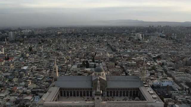 Aerial view of the historical Umayyad Mosque in Damascus.