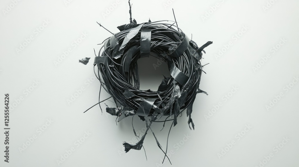Poster a neatly insulated bundle of wires with black electrical tape, running through a hole in a wall, cap