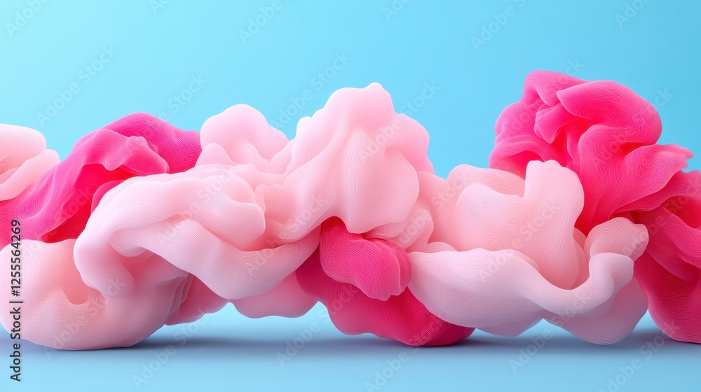 Poster abstract soft pink and light pink cloud like forms arranged in a horizontal line against a light blu