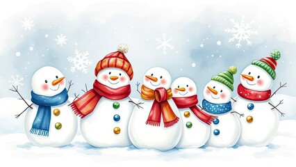 Adorable Snowman Family Winter Holiday Scene Illustration Cute Snowmen in Hats and Scarves