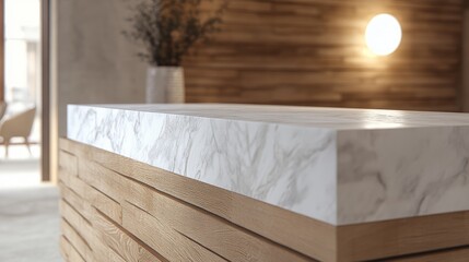 Elegant wellness clinic reception featuring a sleek white marble counter and textured wooden walls.