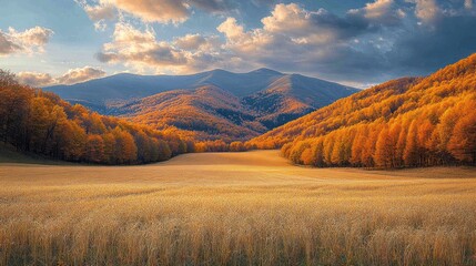 Vibrant autumn landscape with golden field and colorful mountain forest at sunset.