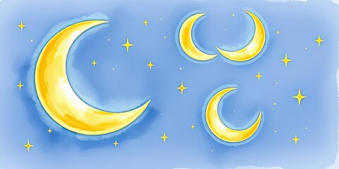 Naklejka premium Watercolor Painting of Yellow Crescents and Stars on a Blue Night Sky Dreamy Celestial Illustration