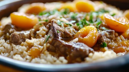 Close-up of rice and Moroccan tagine with lamb and apricots in a traditional Moroccan tagine dish, emphasizing aromatic and exotic qualities. Ideal for Moroccan cuisine and exotic meals.