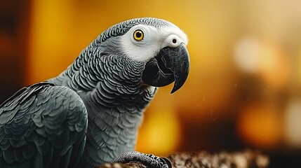 Obraz premium Close-up of a gray parrot perched on a branch, with a blurred golden background showcasing nature