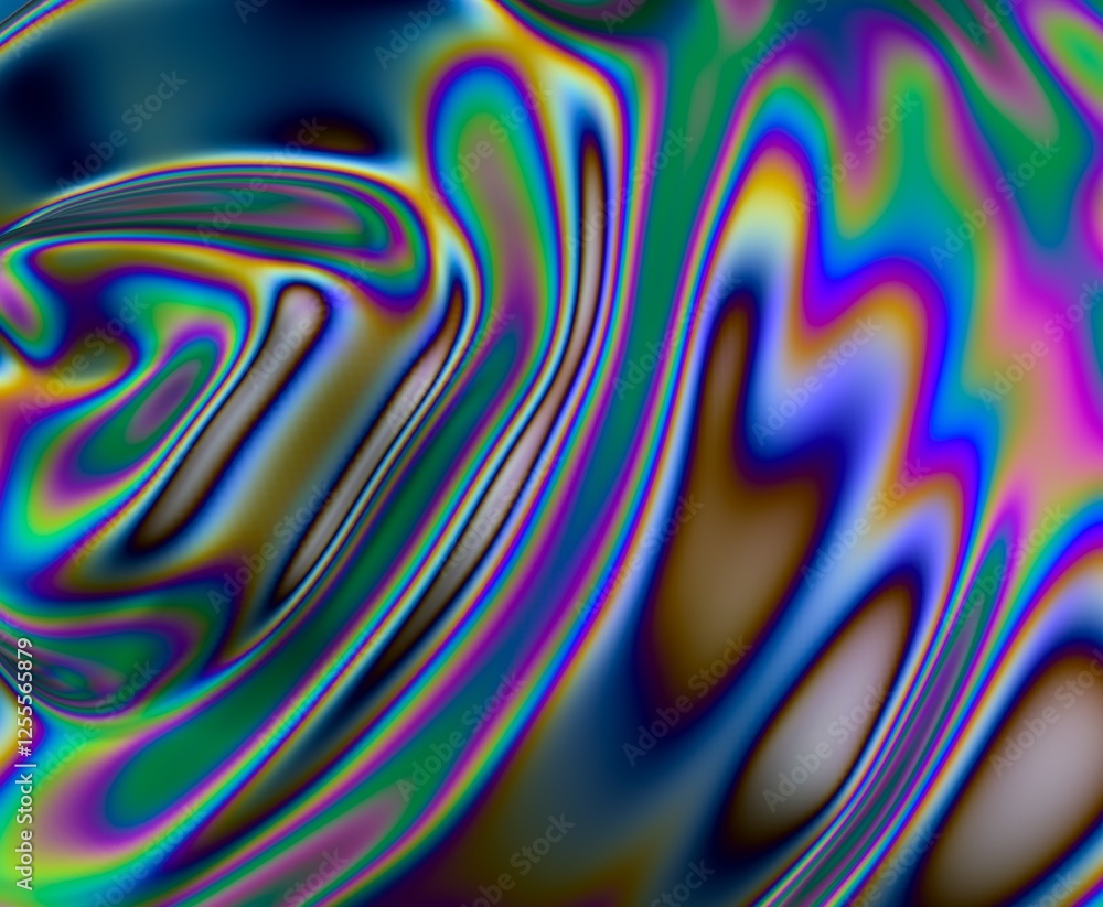 Poster 3d illustration depicting a fluid, organic surface with shimmering colors. the refraction of light c