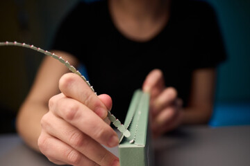 A gentle and caring hand is cradling a beautiful, vibrant plant placed on a charming wooden surface
