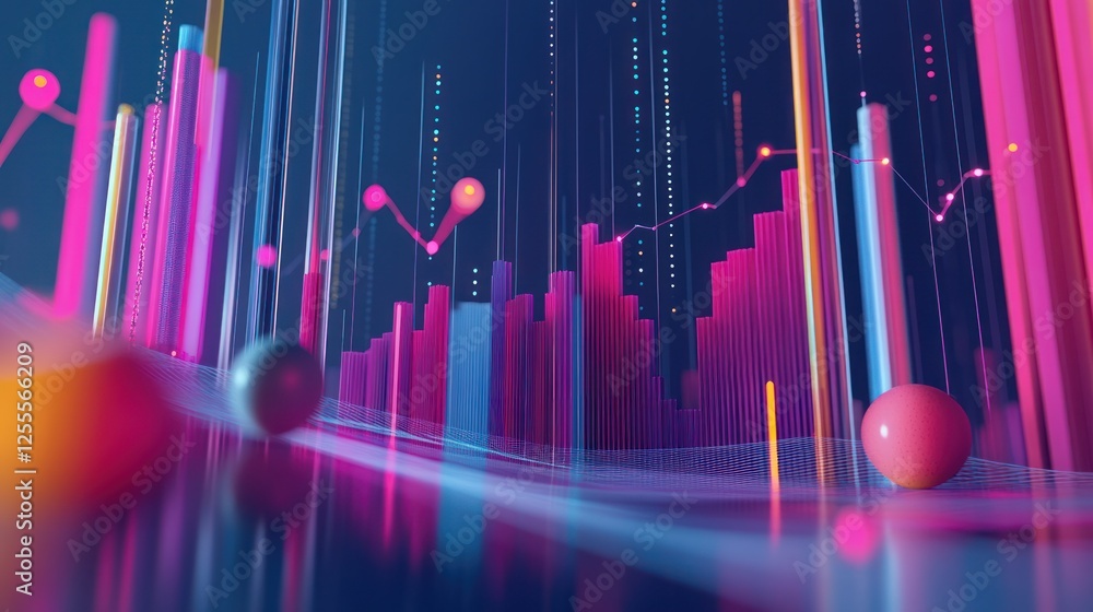 Poster abstract financial data analysis with graph, bars and spheres visualization