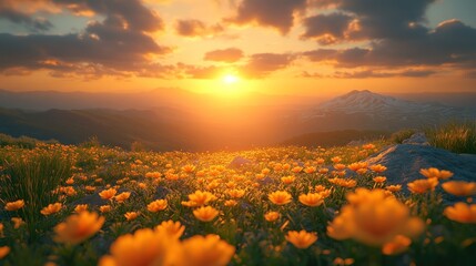 Fototapeta premium Vibrant sunset over a mountain meadow filled with blooming orange wildflowers.